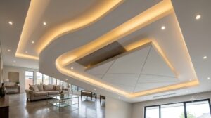 False Ceiling in Bangalore: Complete Guide 2026 Modern living room with elegant false ceiling and recessed LED lighting.