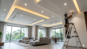 False ceiling contractor in Bangalore installing modern LED-lit ceiling design in a luxury living room.