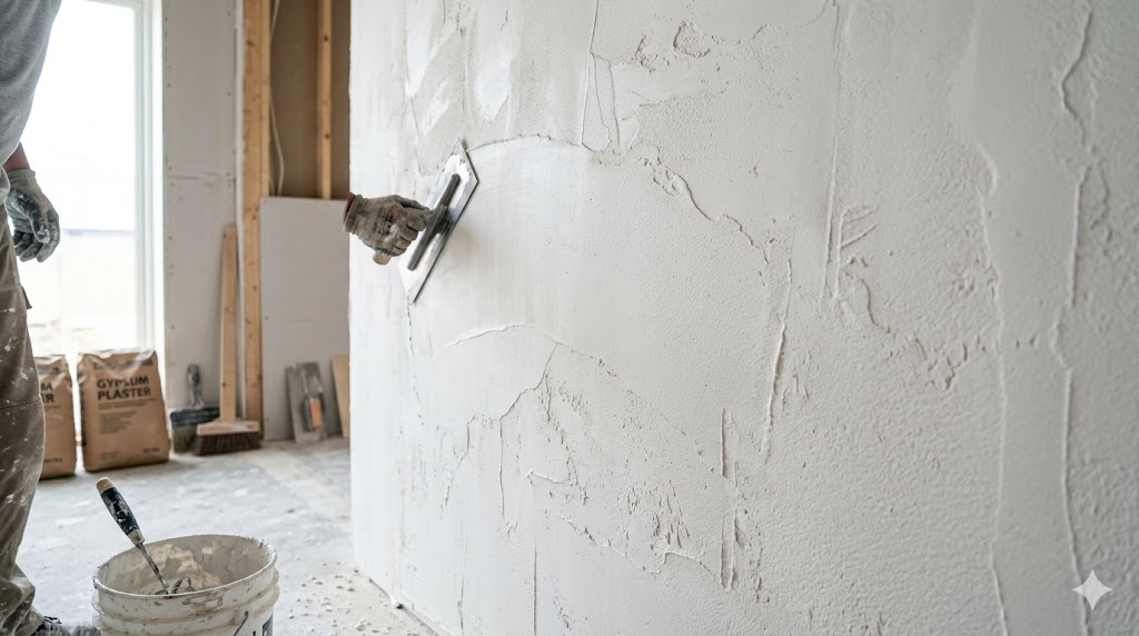 Worker applying gypsum plaster to an interior wall for a smooth finish.