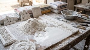 Plaster Guide 2026: Best Plastering in Bangalore Plaster materials and decorative molding tools on a workshop table.