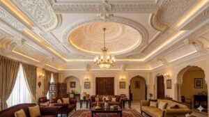 Plaster of Paris Ceiling Guide 2026 Luxury living room with decorative plaster of paris ceiling design.
