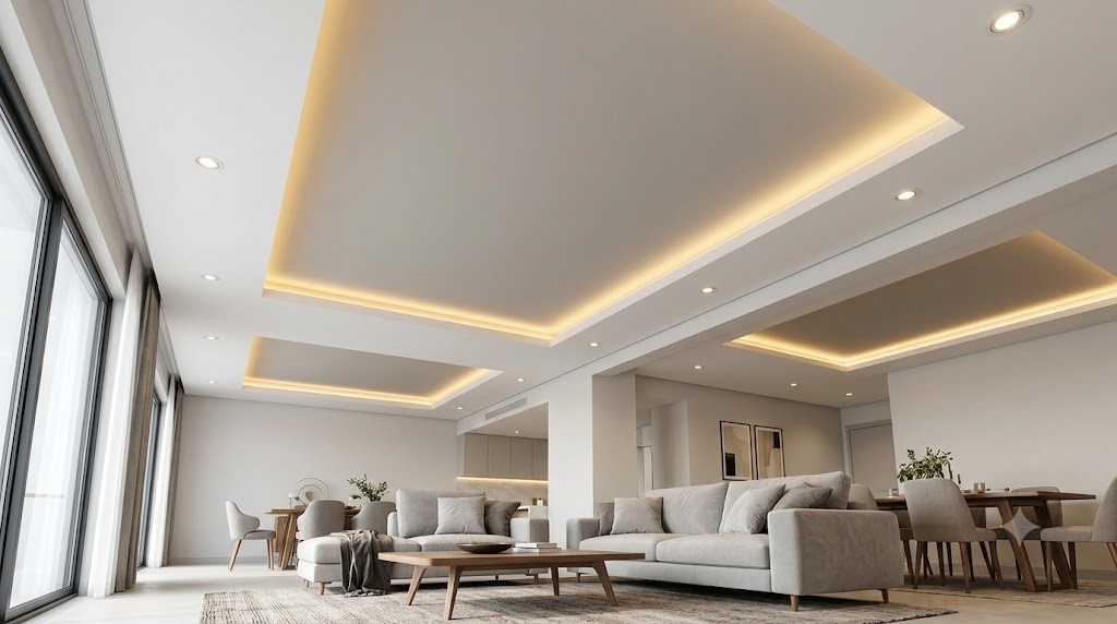 Modern living room featuring a plaster of paris false ceiling with recessed LED lighting.