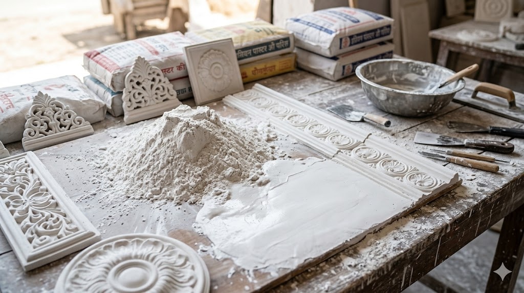 Plaster materials and decorative molding tools on a workshop table.
